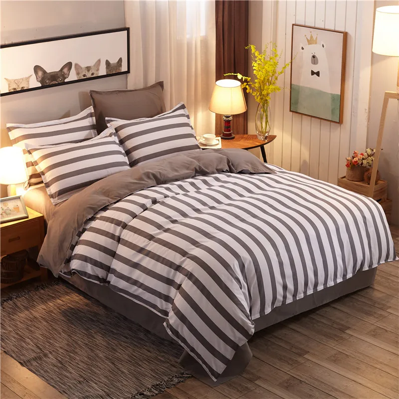 Classic grey stripe bed linens set blue flower bedding Student duvet cover sheet High Quality Home Textiles 4pcs | Дом и сад
