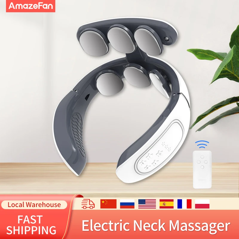 Upgrade Neck Massager 6 electrode plates 4 modes Electric Pulse 15 gears of intensity & Heating mode USB charging neck massager