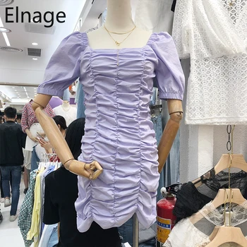 

Elnage Square Collar Puff Short Sleeve Robe Femme Slim Waist Dress Pleated Ruffled Purple Vestidos Korean Women Clothes 5A686