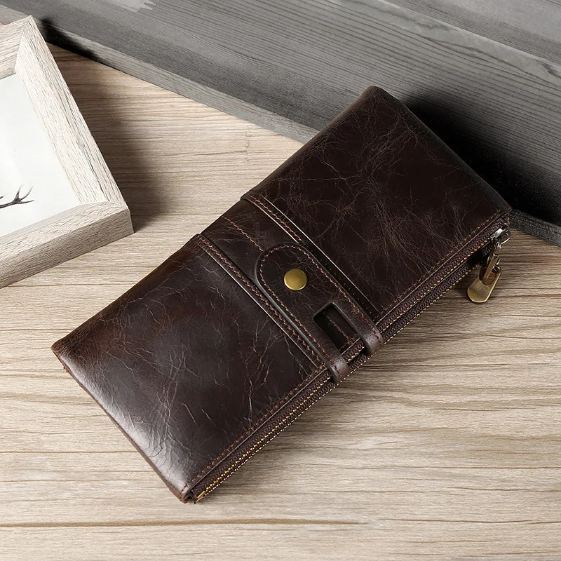 Кожаный женский кошелек Длинная стильная сумочка слой кожаный многофункциональный мужской кошелек - Цвет: Dark Brown