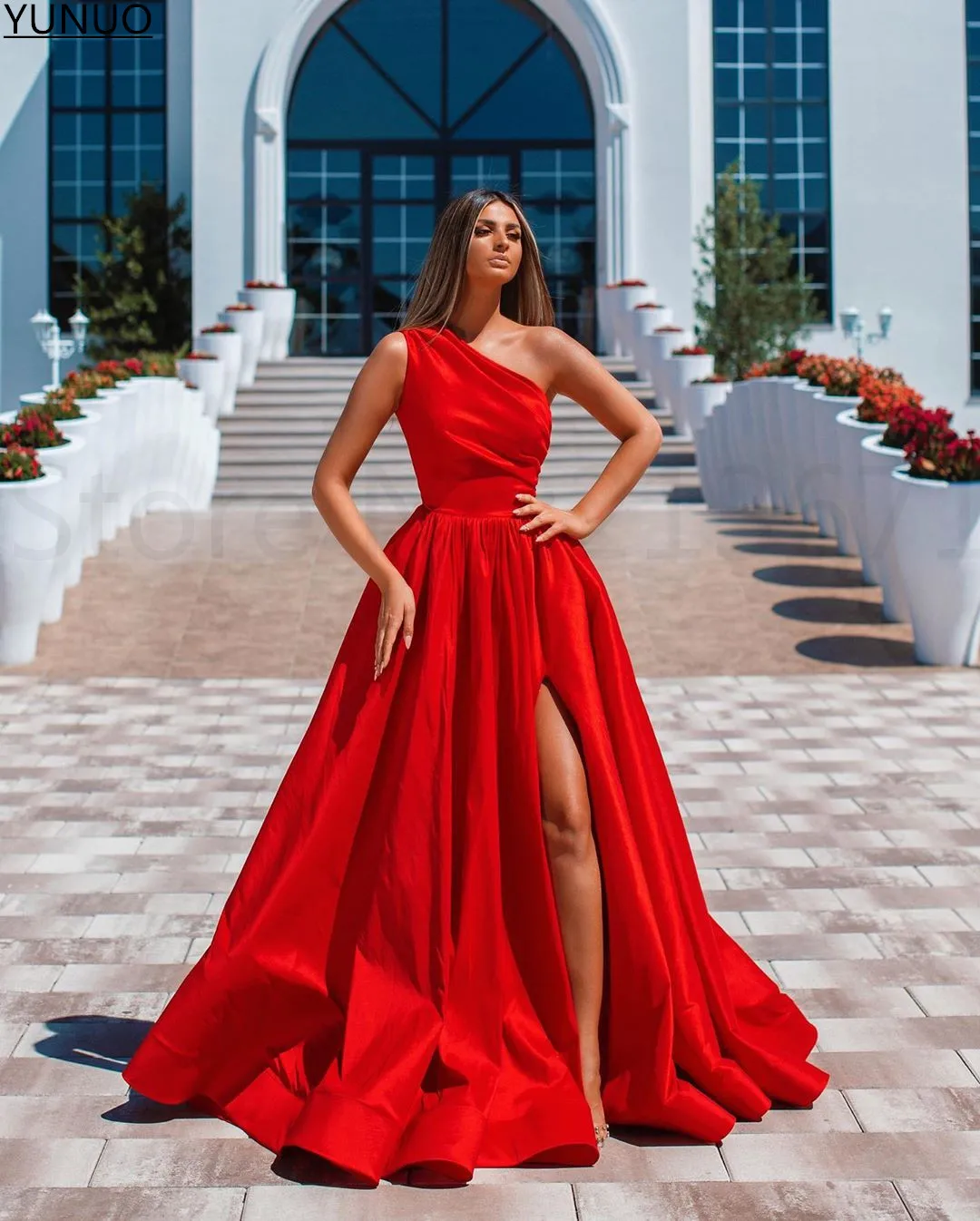 green ball gown YUNUO Elegant Purple Long Prom Evening Dresses One Shoulder Satin Side Slit Party Gowns A-line Sleeveless Formal Occasion Dress burgundy prom dresses