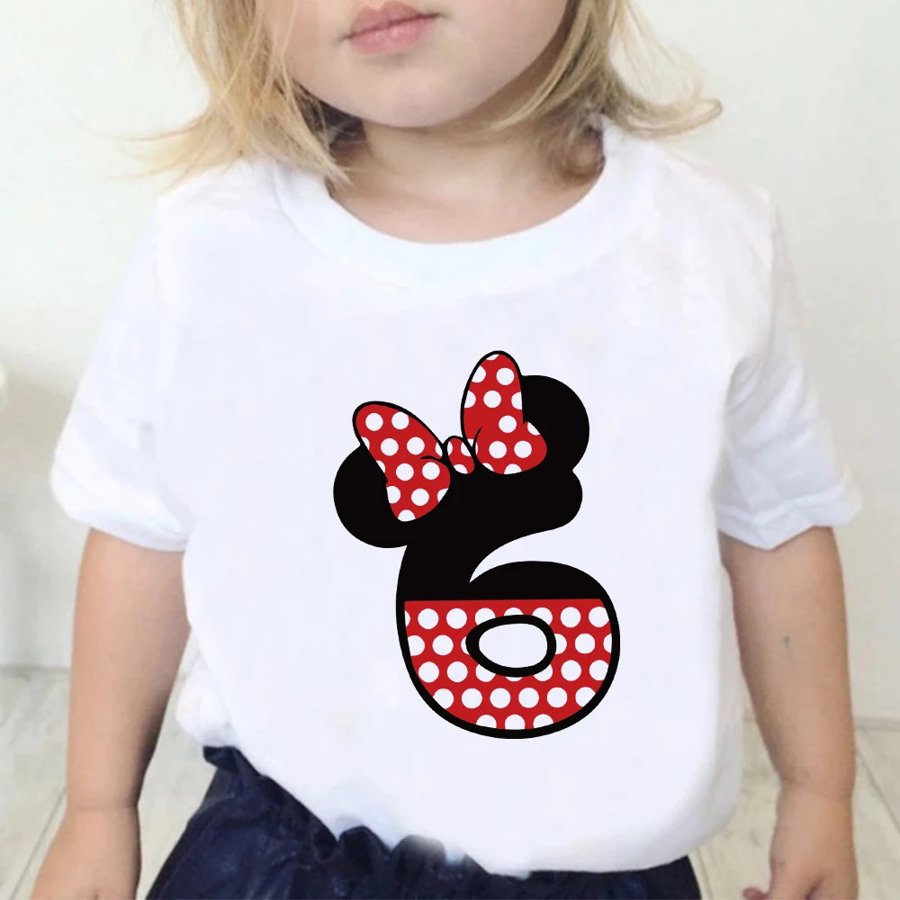 Disney Birthday Party Cartoon T Shirt for Girls Children Tshirt Number 0 1 2 3 4 5 6 7 8 9 Minnie Mouse Bow Graphic Kids Clothes 2