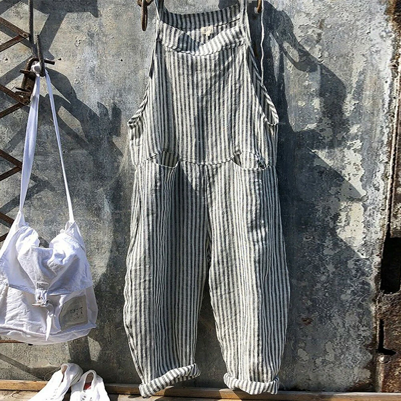 Summer Jumpsuit Womens Casual Baggy Striped Wide Leg Overalls Dungarees Jumpsuit Women Street Daily Cotton Linen Jumpsuit S-XL