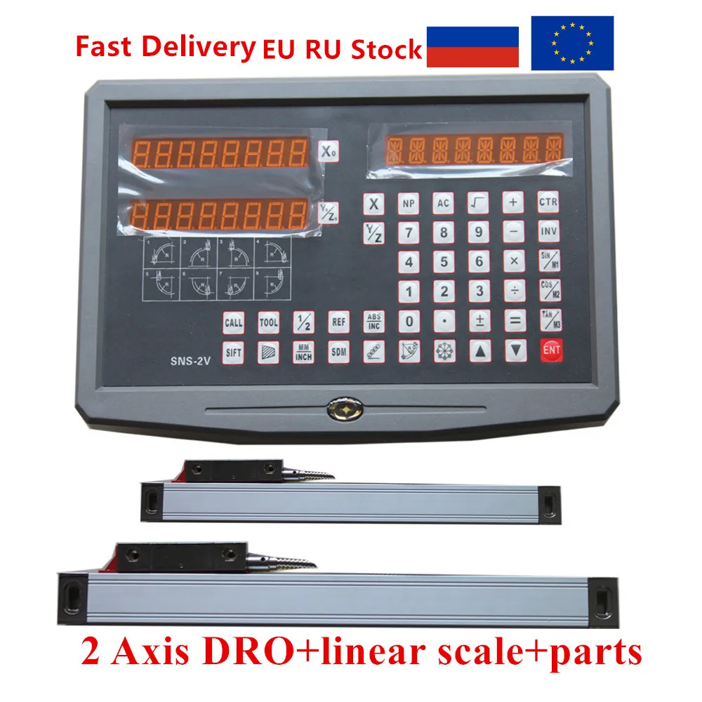 DRO 2 Axis Digital Readout with 2pcs 50-1020mm Linear Scale / Linear Encoder / Measuring Ruler for Milling Lathe Machine