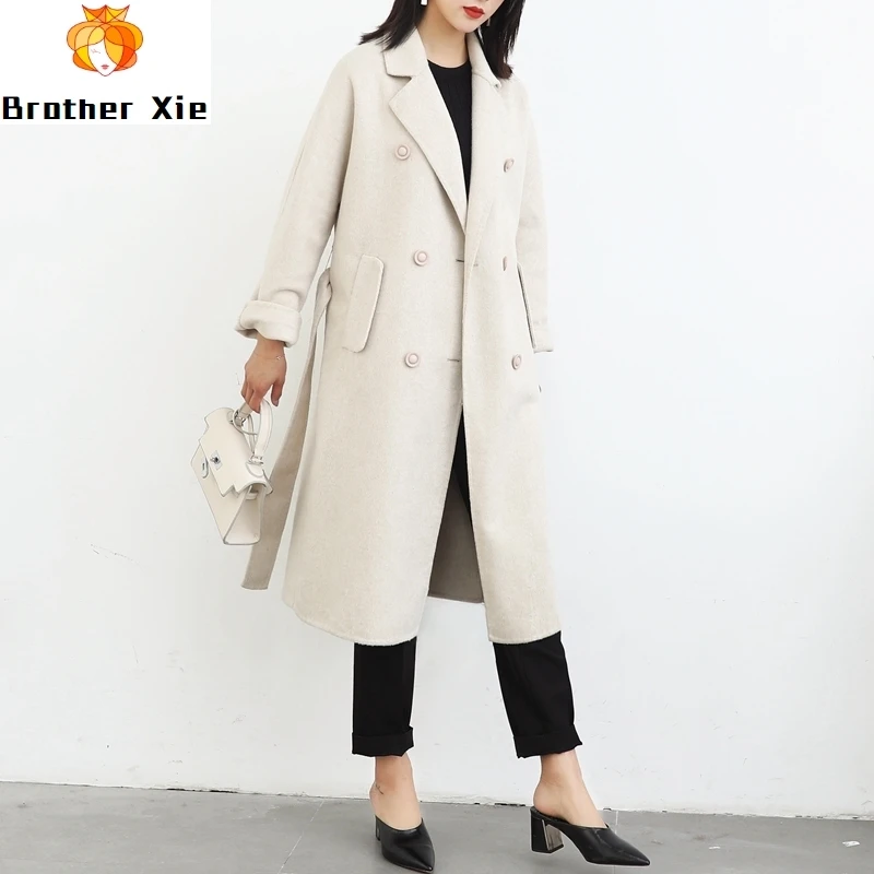 

Women 100% wool coats of Spring 2020 new double-sided cashmere coat women's long albaca wool coat oversize belt slim outwear