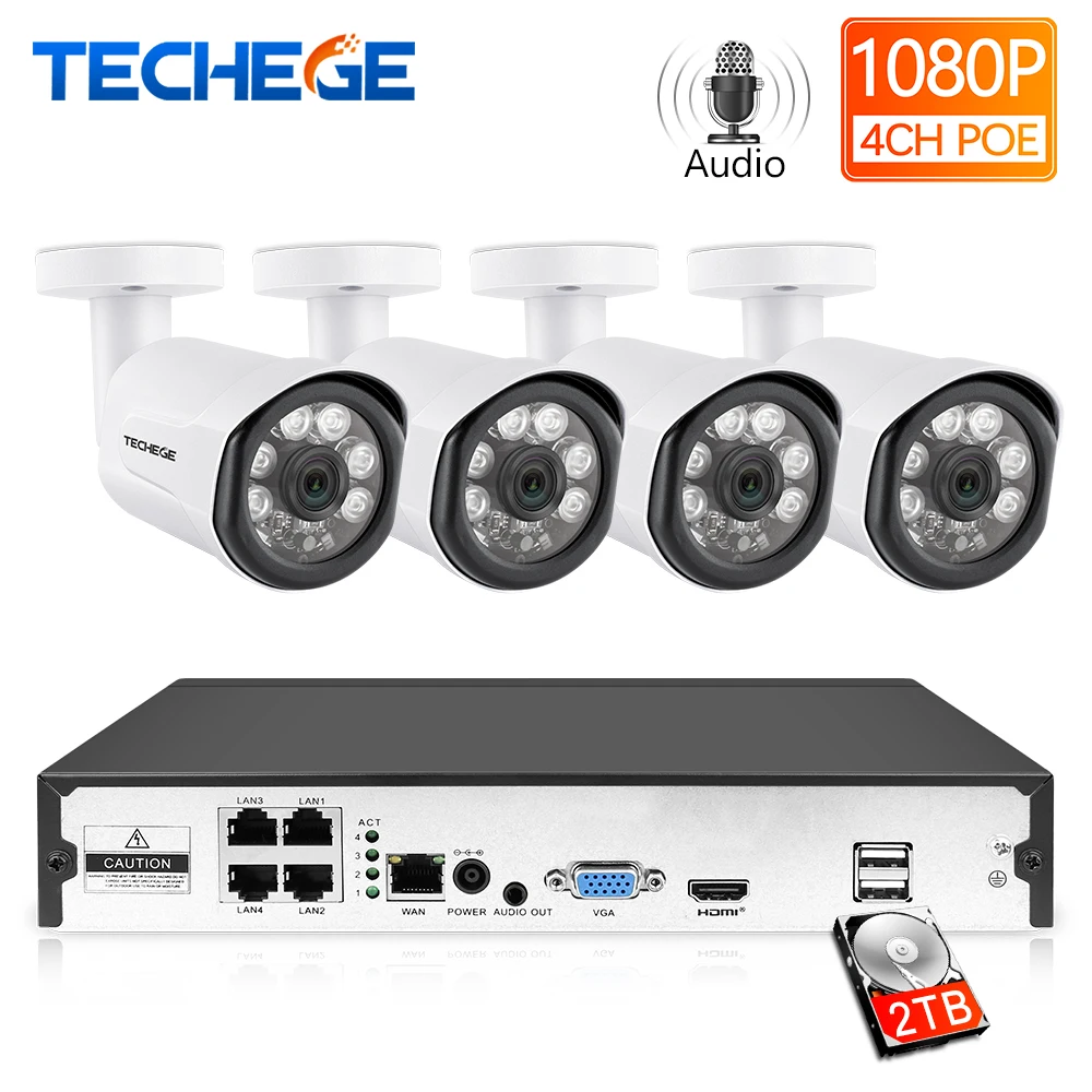 Techege Full HD 1080P H.265 4CH CCTV система 4 шт. 2MP металлическая наружная ip камера аудио запись
