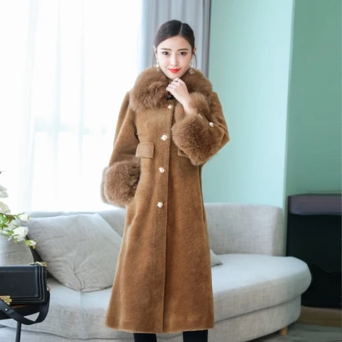 AYUNSUE зимняя куртка с воротником из лисьего меха, пальто из натурального меха для женщин, корейские шерстяные меховые пальто и куртки для женщин, длинные элегантные 098 KJ3614 - Цвет: Camel