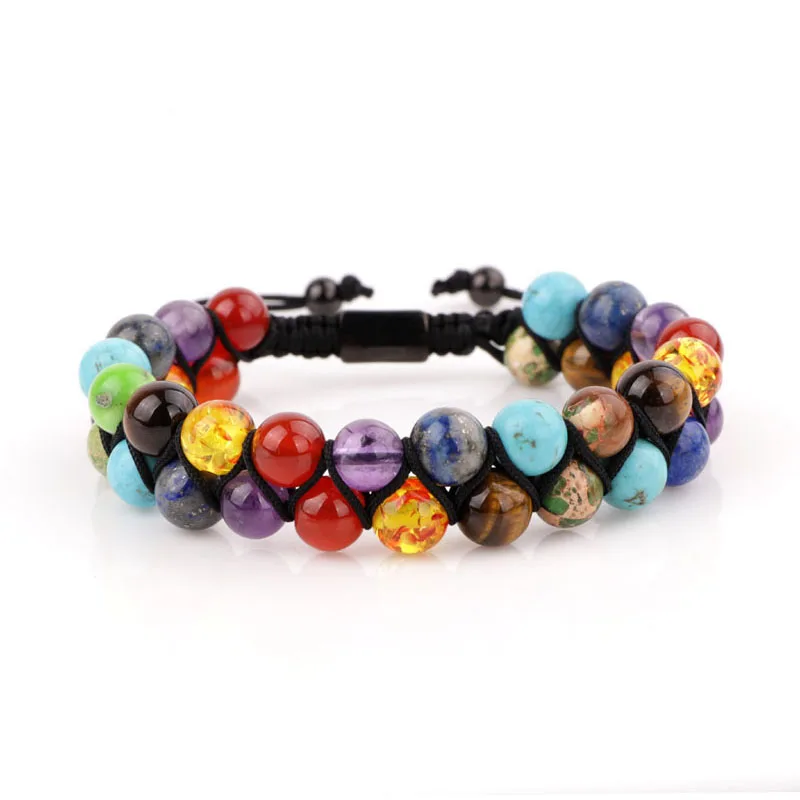High Quality 7 Charka 8mm Stone Beads Double Layer Link Cord Bracelet Adjustable Woven Wrap for Women Men