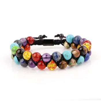 High Quality 7 Charka 8mm Stone Beads Double Layer Link Cord Bracelet Adjustable Woven Wrap for Women Men