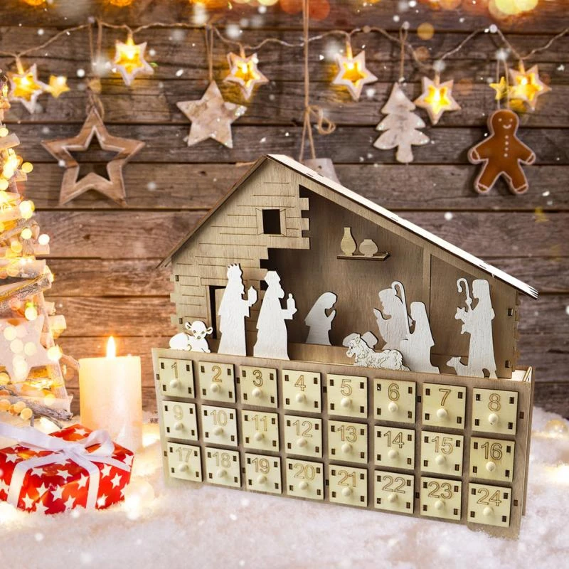 Christmas Manger 2022 2022 Christmas Countdown Ornaments Wooden Christmas Led Light Calendar  Cabinet Wooden Desk Calendar Nativity Manger Decorations|Advent Calendars|  - Aliexpress