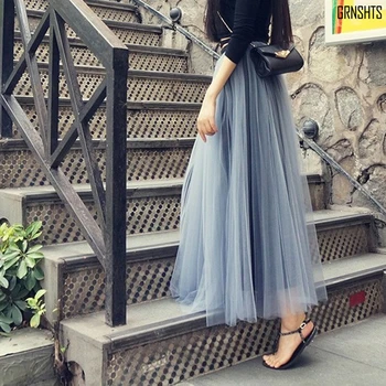 

GRNSHTS 3 layers Summer Tulle Skirt Women 2019 Ladies Casual White Black High Waist Pleated Sun School Long Skirt female
