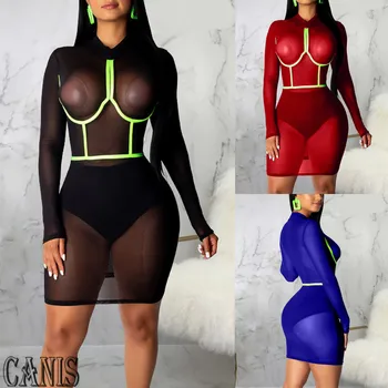 

Women 2019 Mesh Perspective Clubwear Party Mini Dress Bikini Cover Up See Through Long Sleeve Turtleneck Bodycon Dress Beachwear