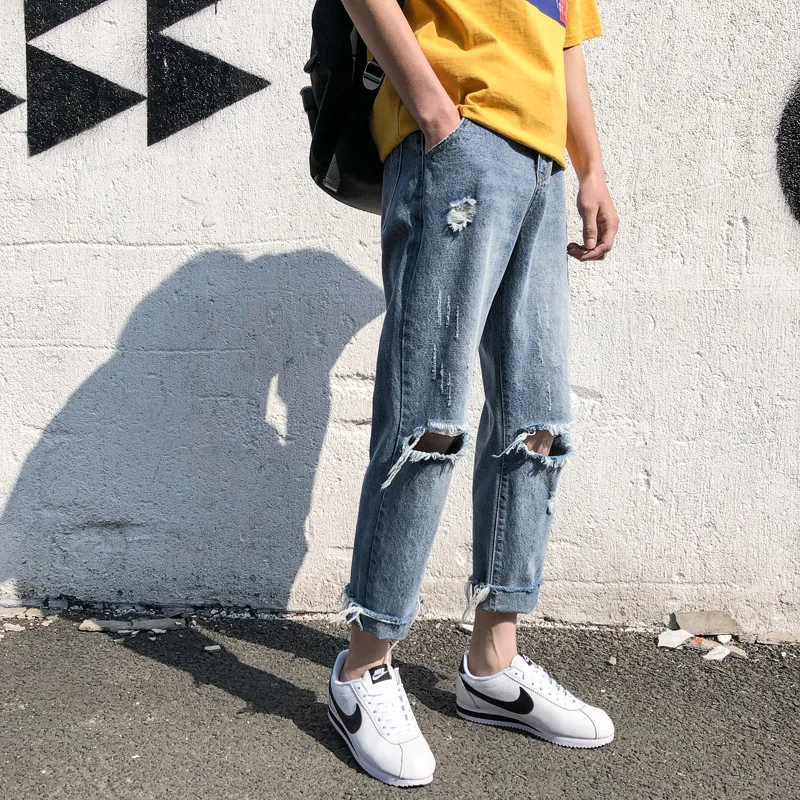 

Intfeday Summer Versatile Men's Trousers Korean-style Ulzzang Retro Grinding with Holes Raw-cut Ankle-length Cowboy Pants