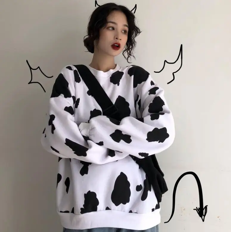 

Autumn and winter cute cow print loose O-neck pullover plus velvet sweatshirt