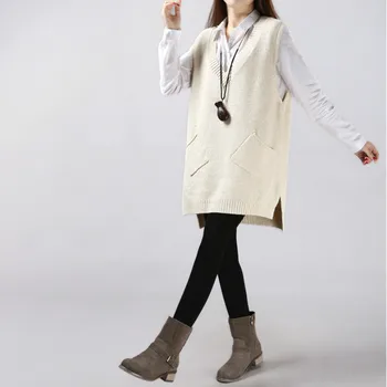 

Autumn New Loose Large Size Long V-neck Pocket Sleeveless Knit Sweater Vest Dress Knitting Sweaters One Size