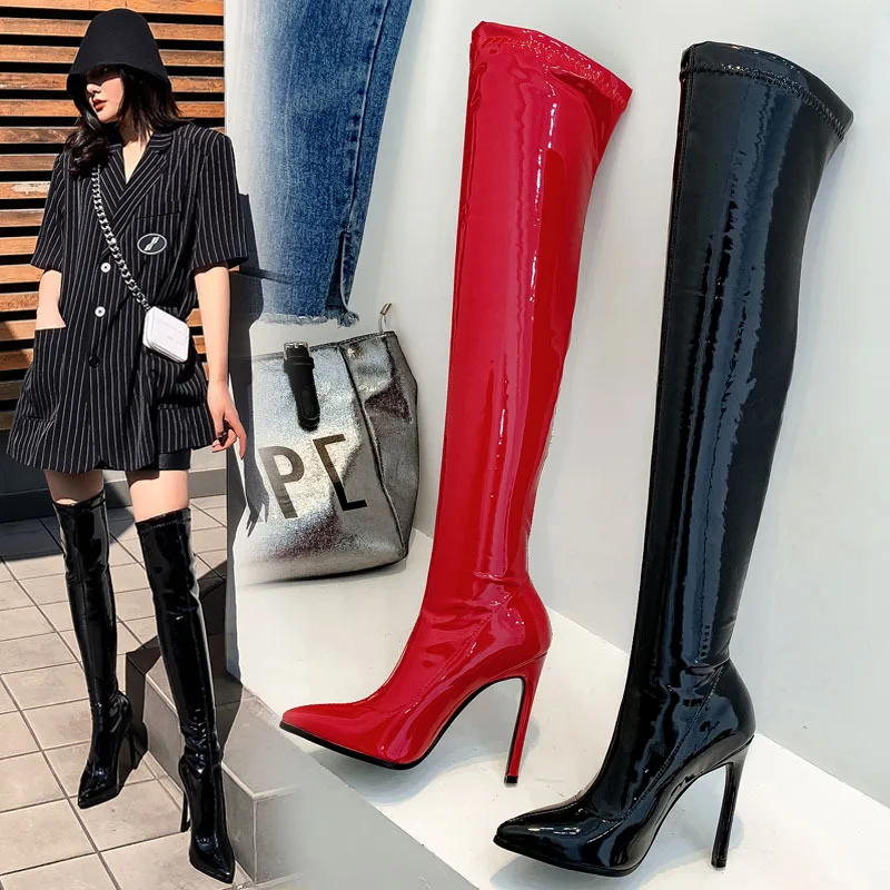 

Fashion Women Thigh High Sequins Boots Lady Bling Elastic Patent Leather Shoes Stiletto High Heel Pointed Toe 12CM Slip on Boots