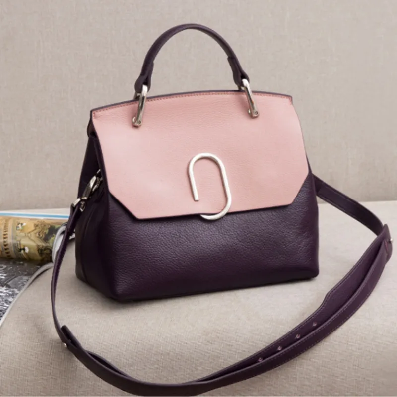 

Korean-style New Style Contrast Color WOMEN'S Leather Handbag Full-grain Leather Shoulder Cross-body hui xing kou Shell Bag