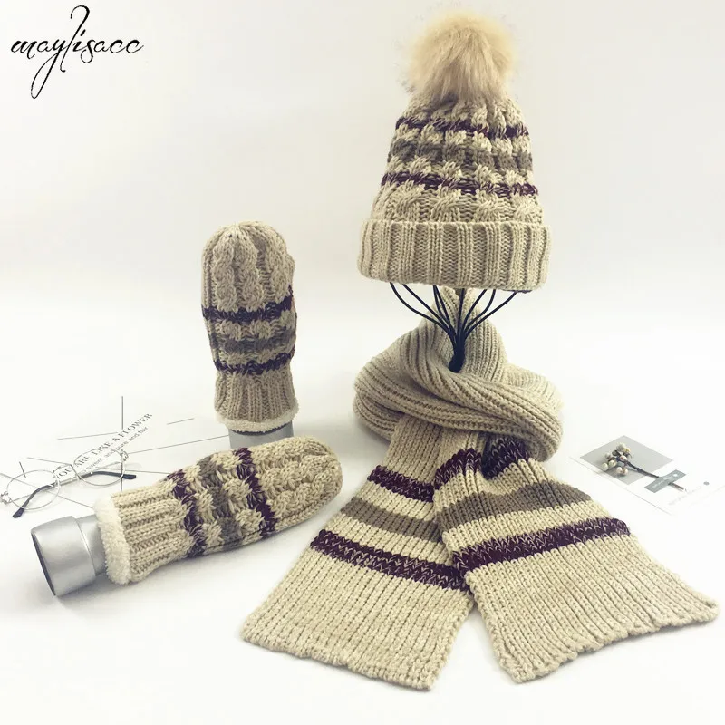 Maylisacc/ Модный женский зимний теплый комплект из 3 предметов, трикотажный шарф в полоску, шапка, перчатки, 4 цвета, Бархатный комплект