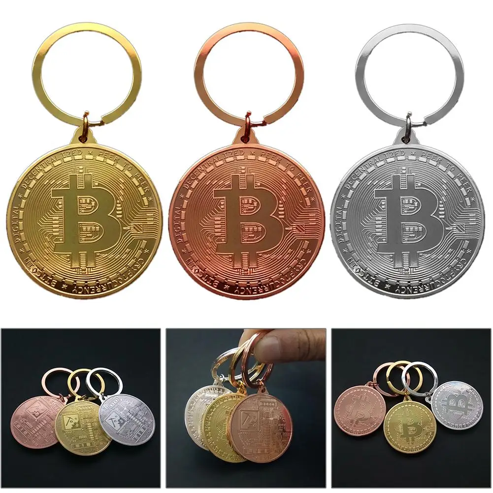 

Gold Plated Bitcoin Coin Key Ring Collectible Gift Casascius Bit Coin BTC Coin Art Collection Physical Commemorative Key Chain