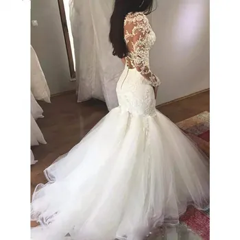 

Appliques Bright Sequined Long Sleeves Embroidered Lace on Net Illsuion Mermaid Wedding Dresses Button Tulle Train