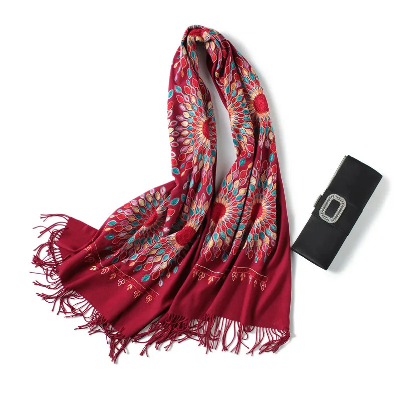 Зимний шарф для женщин с вышивкой в винтажном стиле; толстые теплые кашемировые шарфы шали и пашмины Дамская Бандана шаль