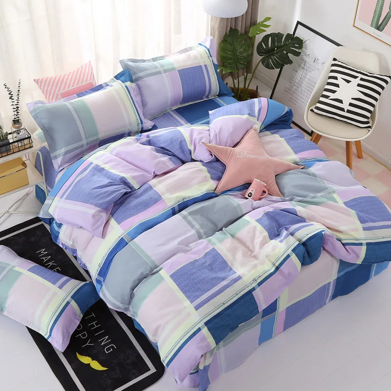 Pure Color Plaid Printed Bedding Sets 4pcs 100% Polyester Bedding Sets Duvet Cover Bed Sheet Bed Clothes with Pillowcases
