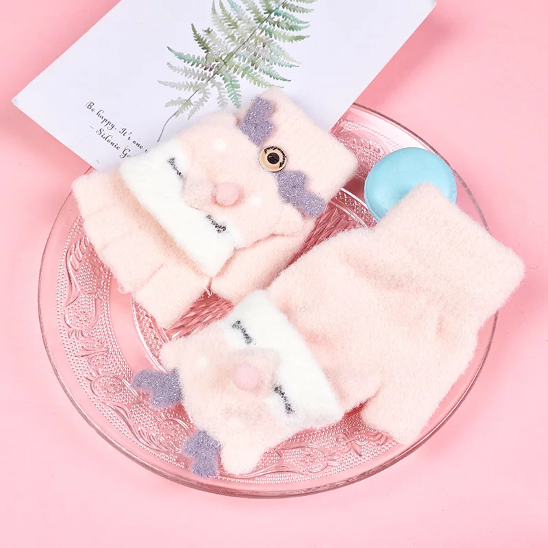 Lovely 4-9 Years Old Children Winter Warm Cartoon Fox Knit Mittens Boy/Girls Fur Wool Knit Kids Soft Half Finger Flip Gloves I40