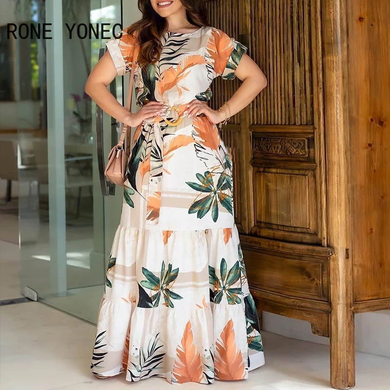 Vestido largo informal de manga con estampado Tropical para mujer, vacaciones - AliExpress