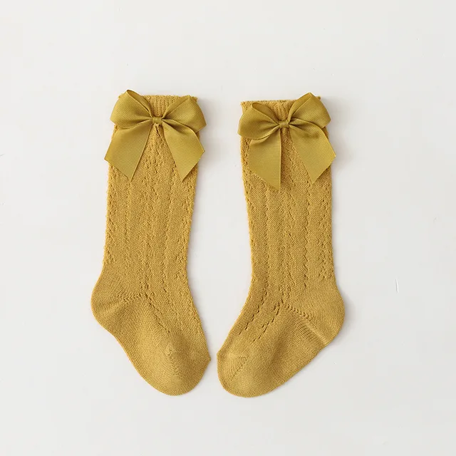 0-7 Years Summer Kids Socks With Bow Baby Girls Long Sock Knee High Cotton Hollow Out Toddlers Socks Mesh Children Princess Sock Yellow