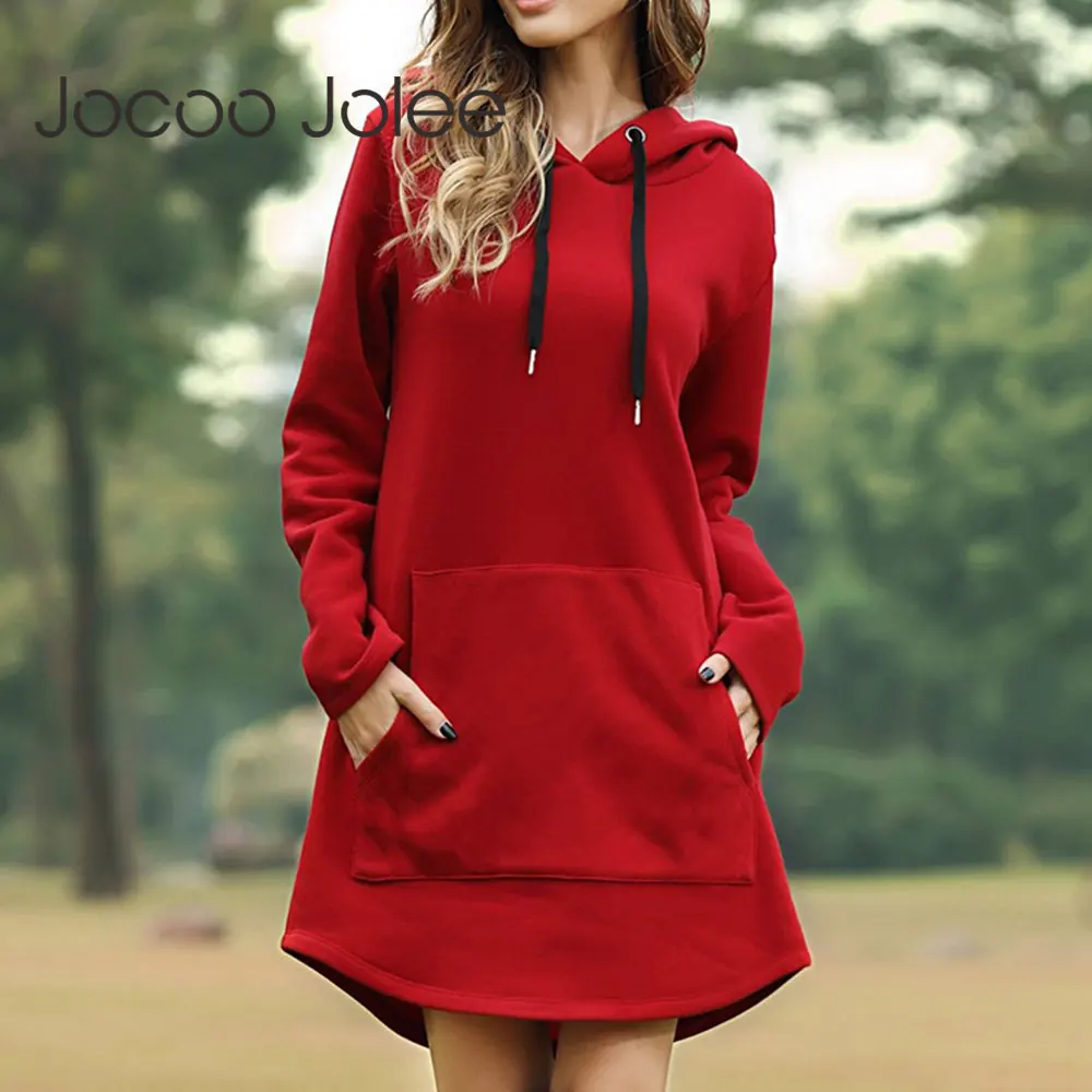 Jocoo Jolee Women Spring Solid Hoodies Casual Long Style Sweatshirt Casual Pocket Oversized Hoodie kpop Hoody Dress Pullover