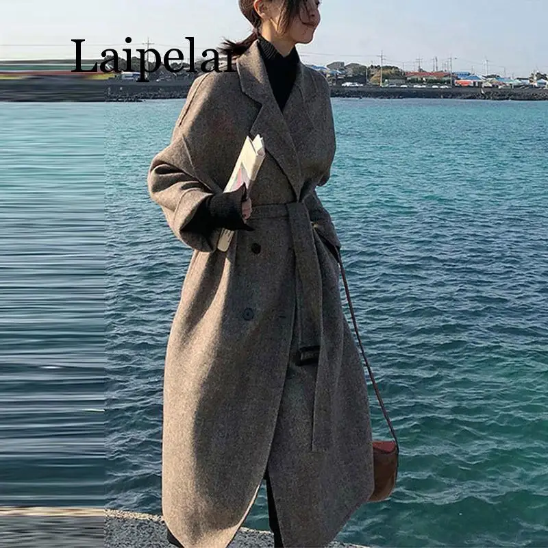 Striped Fashion Wool Coat Jacket Women Lace Up Long Blend Elegant Ladies Coats  Turn Down Collar Outwear