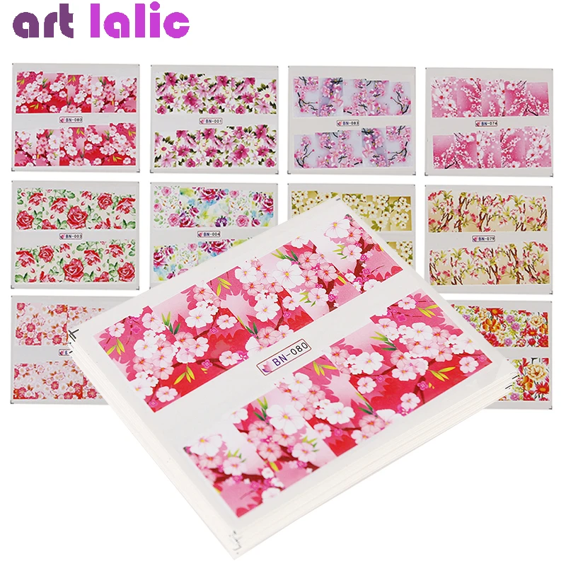 

48 Sheets/set Nail Art Cover Water Decals Transfer Nail Sticker Wraps Vivid Colorful Flowers Design Temporary Tattoos Stickers