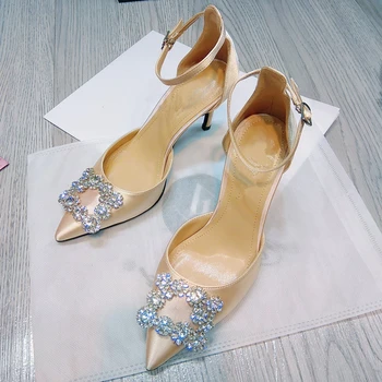 

Gladiator Sandals Sexy Pointed Toe Summer Shoes Woman Crystal Designer Pumps 3 Colors Sandalias Mujer 2020 Big Size High Heels