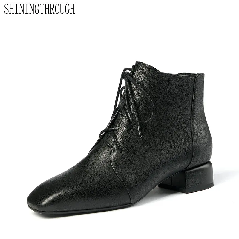 Office Ladies Genuine Leather Low Heels Ankle Boots Quality Autumn Winter Lace-up Boots Women Elegant Party Shoes Woman