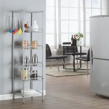

Adjusted Storage Rack With Hook 6 Layers Carbon Steel Bookshelf Organizer Kitchen Storage Rack For Home Restaurant Hotel Silver