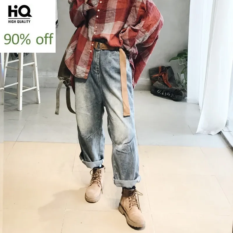 

Vintage Loose Jeans Women High Street Solid Color Denim Baggy Cross-Pants Autumn Winter New Pocket Zipper Ankle Length Pants