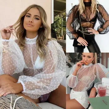 

Women Shirts Polka Dot Mesh Sheer See-through Puff Long Sleeve Tops Blouse Tee Top