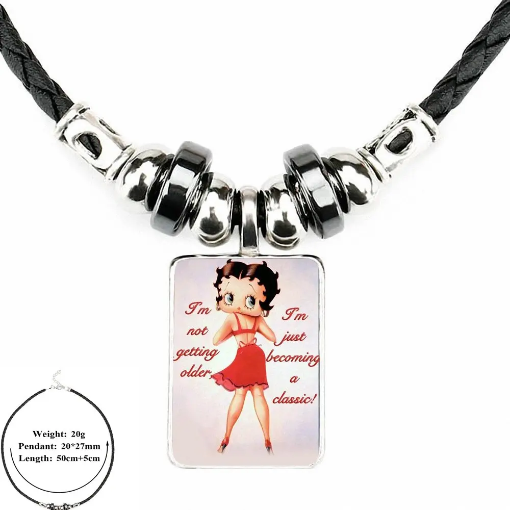 EJ Glaze Великолепная Betty Boop лучшая для женщин Детская бижутерия со стеклянными кабошонами черная кожаная подвеска-бусы ожерелье - Окраска металла: as picture