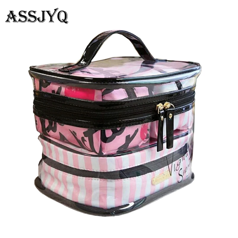 

PVC Transparent Cosmetic Bag Organizer Travel Toiletry Bag Set Pink Beauty Case Makeup Case Beautician Vanity Necessaire Trip