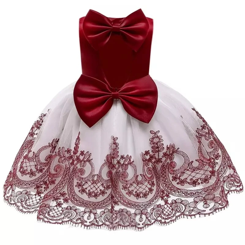 Summer Infant Baby Girl Dress Lace Tutu Princes Dresses for Girls 1-10 Years Birthday Party Wedding Baby Christmas Clothing - Color: wine red