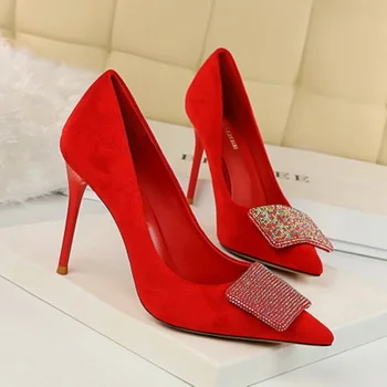 

Spring and autumn new ladies high heels fashion suede shiny rhinestone stiletto shallow mouth pointed women's shoes large size