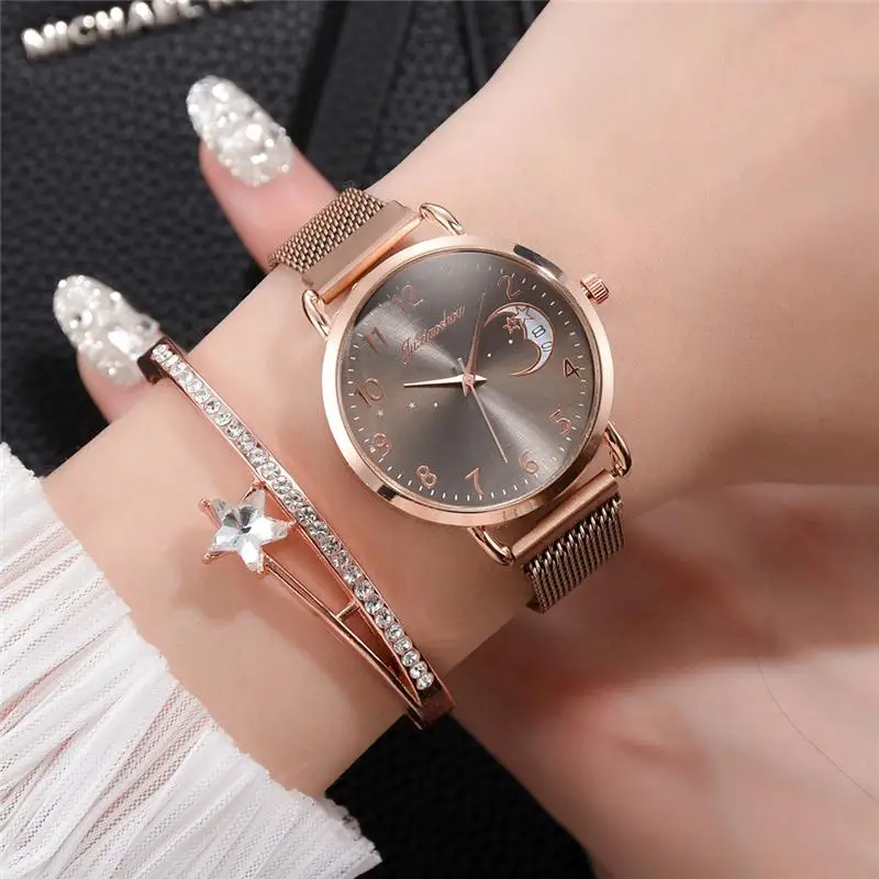 Rose Gold Mesh Strap Women’s Fashion Watches Simple Numbers Dial Luxury Quartz Watch Women Clock Rose Gold Pointer Wristwatches