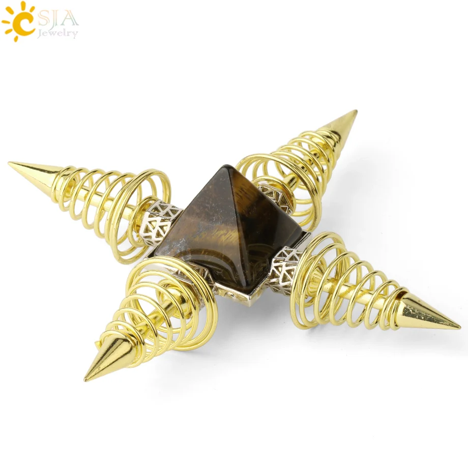 Tiger Eye-Gold CSJA, натуральные камни, пирамида, украшение, 4 точки, весенний конус, маятники, энергия, исцеление, духовная медитация, для женщин и мужчин, ювелирные изделия G316 - Цвет: Tiger Eye-Gold