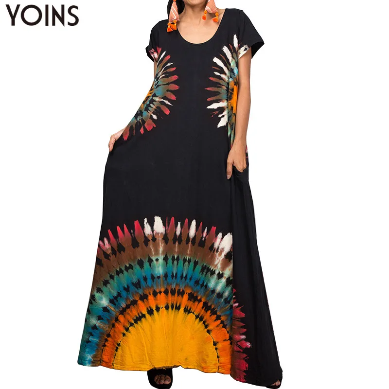 YOINS Лето размера плюс принт Макси длинное повседневное платье в богемном стиле короткий рукав свободное пляжное платье vestidos robe