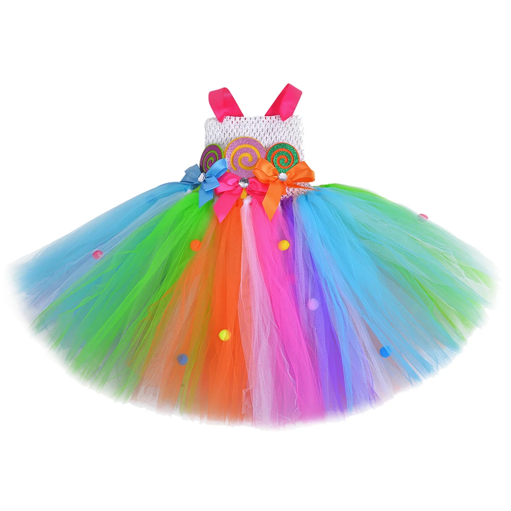 Милое Платье-пачка ярких цветов для девочек радужные украшения для волос вечерние платья леденец конфеты Дети Девушки Пасхальный костюм на Хэллоуин