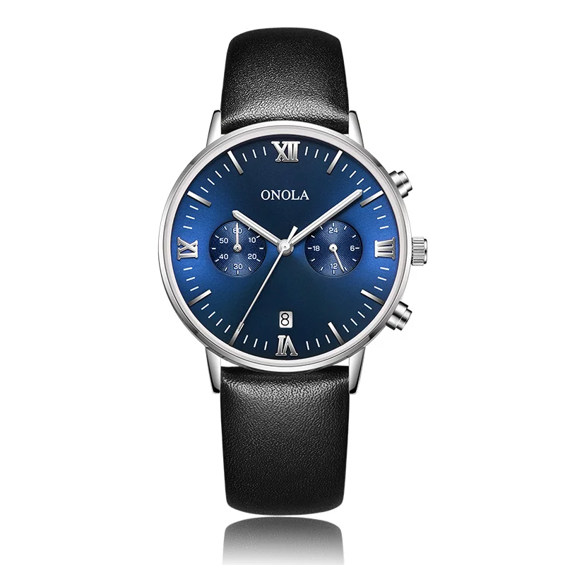 Бренд ONOLA, деловые мужские повседневные часы, водонепроницаемые наручные часы, часы из натуральной кожи со стальным ремешком, модные простые мужские часы - Цвет: 6808silver blue belt
