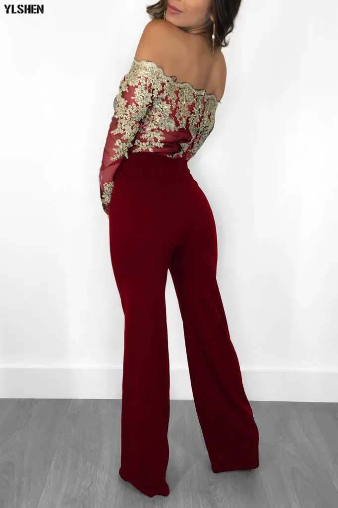 Women Jumpsuit Sexy Lace Ladies Jumpsuits Party Casual Wide Leg Overalls Off Shoulder Long Sleeve Romper Skinny Rompers Trousers 04