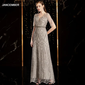 

JANCEMBER Robe De Soiree Sequin Lace Fabric Evening Dresses Long Luxury Deep V Half Sleeve Women Evening Dress Plus Size