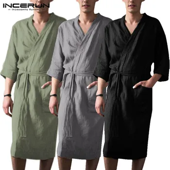 

INCERUN Bathrobe Women Sexy Night Dress Kimono Men Solid 3/4 Sleeve Sleepwear Cotton Fashion Casual Comfort Belt Pajama Robe 3XL