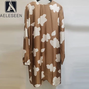 

AELESEEN Vintage Summer Silk Dress Women Loose Style Long Sleeve White Cloud Print Casual Holiday Mini Dress Vestidos 2020